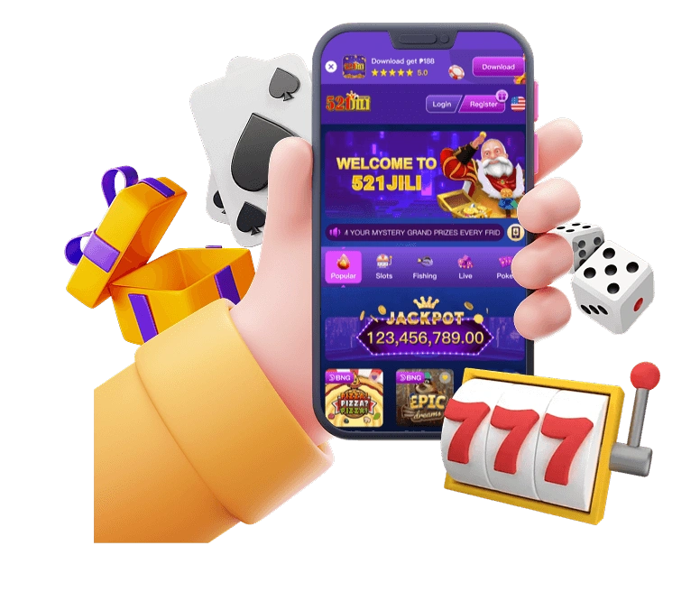 521JILI app download screen showing login and game options on mobile device